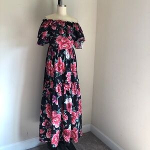 BEULAH Women’s Maxi Length Tiered Floral Rose Designer Dress Black US Size Small